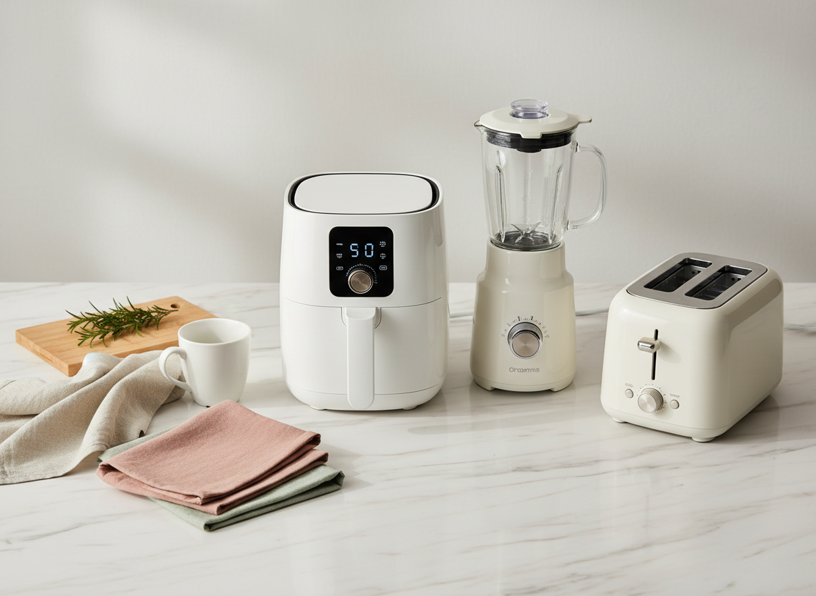A clean, bright flatlay of kitchen appliances on a white marble countertop — a sleek air fryer, a modern blender, and a compact toaster, arranged neatly with soft natural lighting. Lifestyle product photography, Korean home kitchen aesthetic, warm and inviting mood.