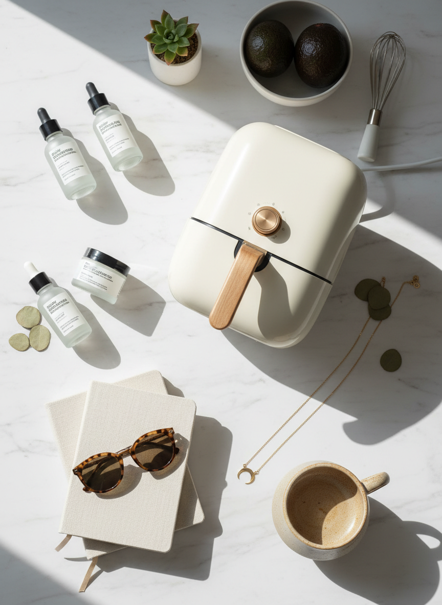 A stylish flatlay of various reviewed products on a clean white surface — skincare bottles, kitchen gadget, lifestyle accessories — soft natural lighting, Korean lifestyle blog aesthetic, warm and inviting mood, photographic realism