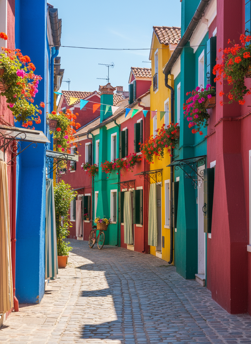 A bright and vibrant travel photo that sparks instant excitement — sunny beach with crystal clear turquoise water, colorful umbrellas, or a lively European cobblestone street full of colorful buildings, vivid saturated colors, cheerful and energetic atmosphere, bright sunlight, fun and adventurous mood, high quality travel photography, no people, no text