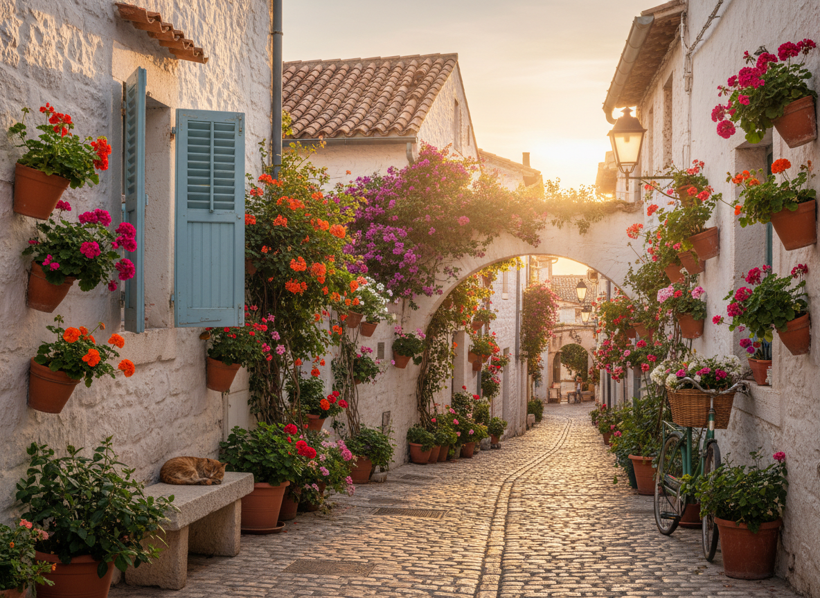A bright, joyful travel photo — sunlit narrow street in a colorful European town, vibrant flower pots on white walls, warm golden light, cheerful and wanderlust-inspiring atmosphere, high quality travel photography, no people, no text