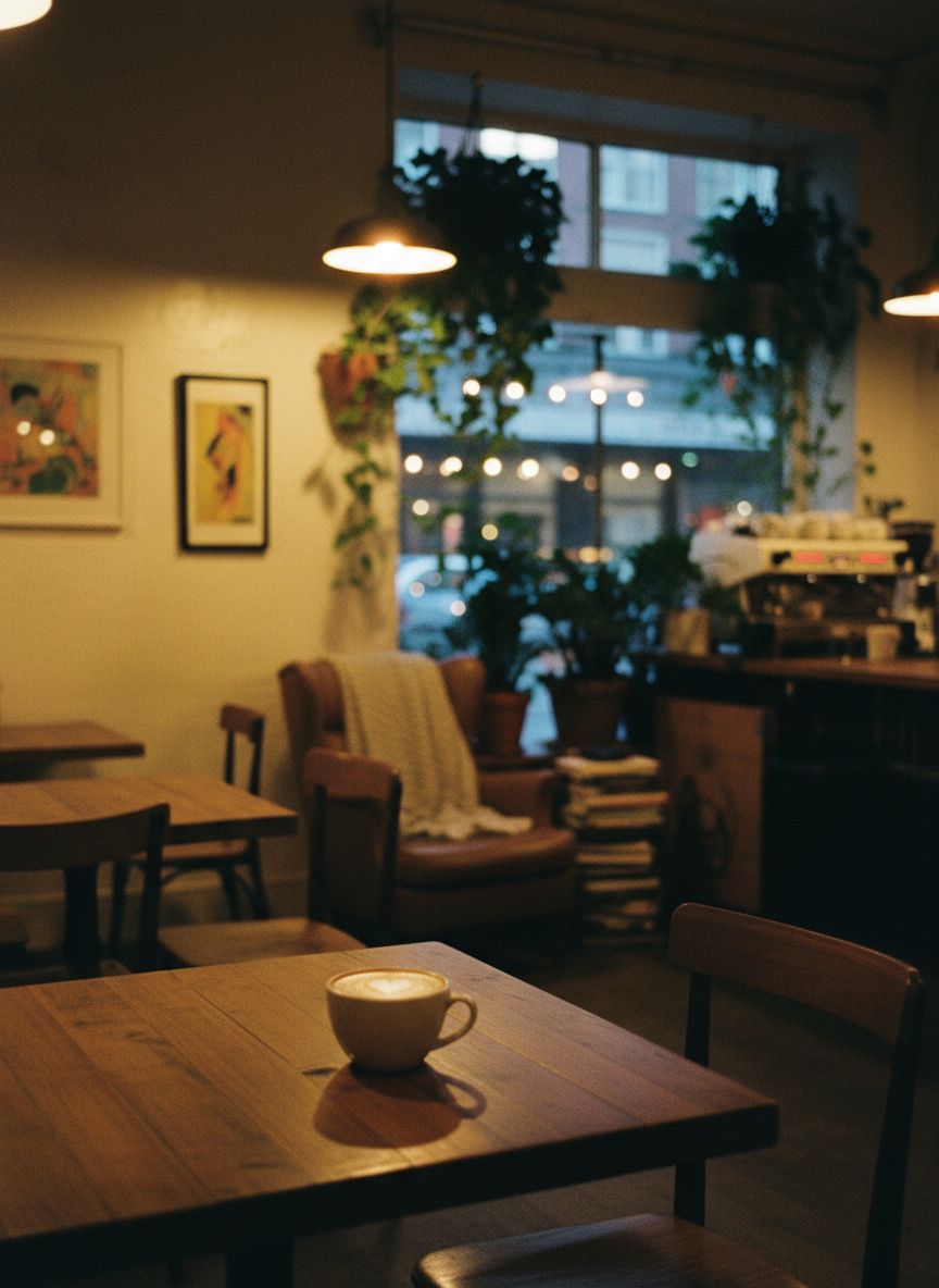 A cozy and aesthetic cafe or restaurant interior with warm golden lighting, wooden furniture, latte art on a coffee cup, soft bokeh background, plants by the window, moody and inviting ambiance, film photography style, no people, no text, lifestyle mood shot