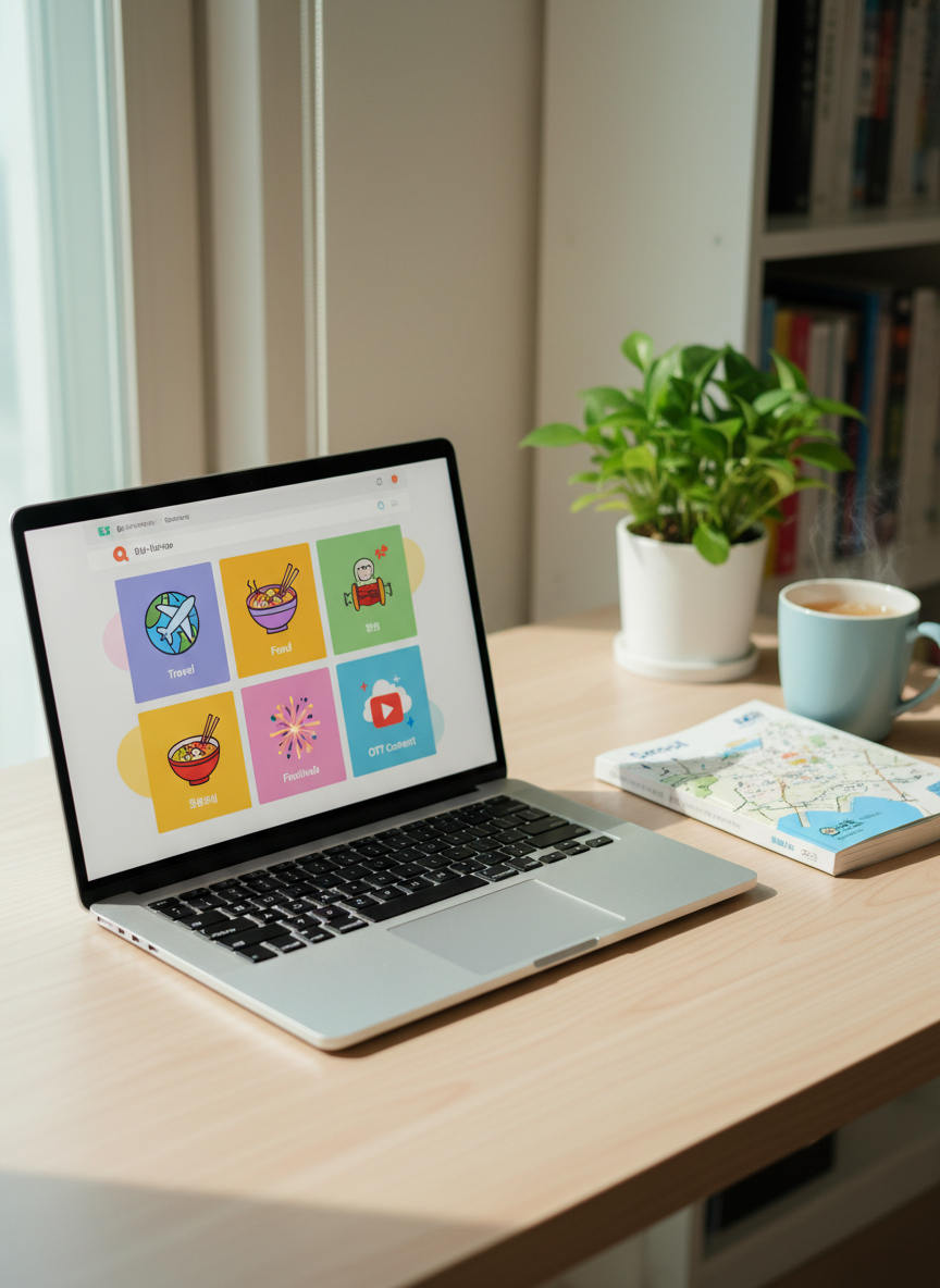 A bright, modern Korean home desk set up for casual blog browsing, featuring a slim silver laptop open to a colorful homepage layout with playful icons representing travel, food, festivals, and OTT content. The laptop rests on a pale birch wood desk with a neatly stacked travel guidebook, a pastel ceramic mug, and a small pot with a vibrant green plant. Afternoon daylight pours in from an unseen window to the left, casting soft, natural shadows and gentle highlights across the scene. Shot at eye level with a shallow depth of field, the screen area is softly blurred to avoid readable text while hinting at a lively interface. The mood is cozy, inviting, and slightly whimsical, with photographic realism and a clean, lifestyle aesthetic that appeals to a Korean audience.