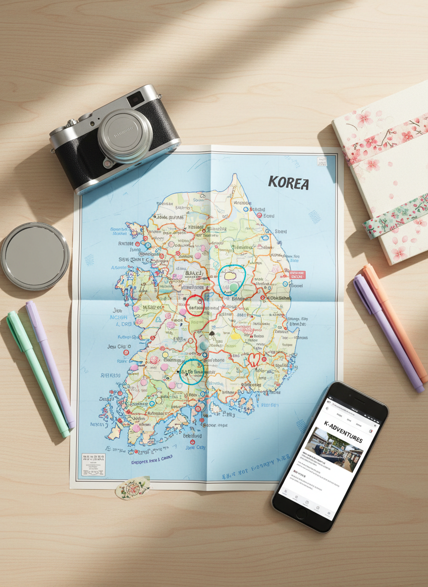 An overhead view of a neatly arranged travel planning flat lay on a light wooden table, centered around a detailed paper map of Korea marked with tiny, colorful stickers and circles around famous cities and festival locations. Surrounding the map are a compact mirrorless camera, a sleek smartphone displaying a blurred blog interface, pastel-colored pens, and a slim notebook with decorative washi tape. Soft morning light from the top of the frame creates gentle, diffused illumination with subtle shadows at the edges of objects. The composition uses rule of thirds, with the map dominating the frame and accessories adding playful balance. The atmosphere feels adventurous yet approachable, evoking the excitement of planning trips and local getaways, captured with vibrant, photographic realism.