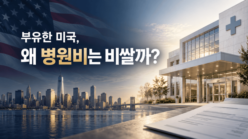 미국 국기와 병원을 배경으로 미국 병원비가 비싼 이유를 표현한 이미지