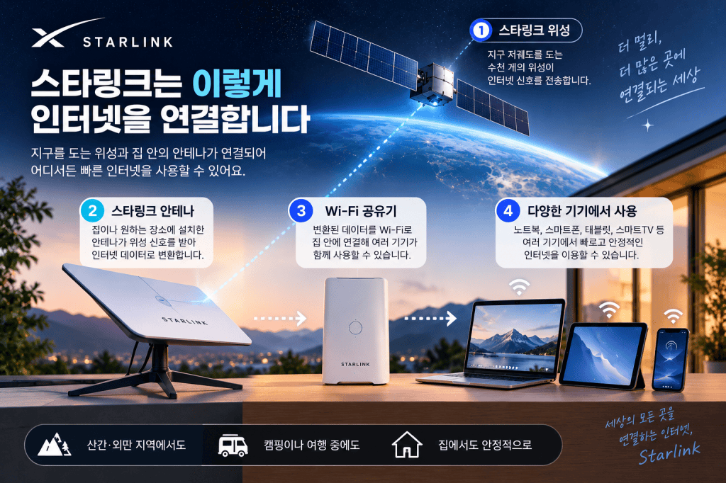 스타링크 위성과 안테나, Wi-Fi 공유기를 통해 인터넷이 연결되는 원리
