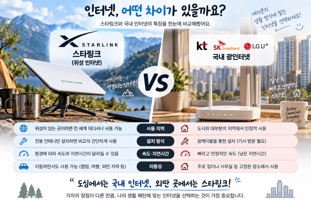 스타링크 위성 인터넷과 KT·SK브로드밴드·LG유플러스 국내 광인터넷 비교