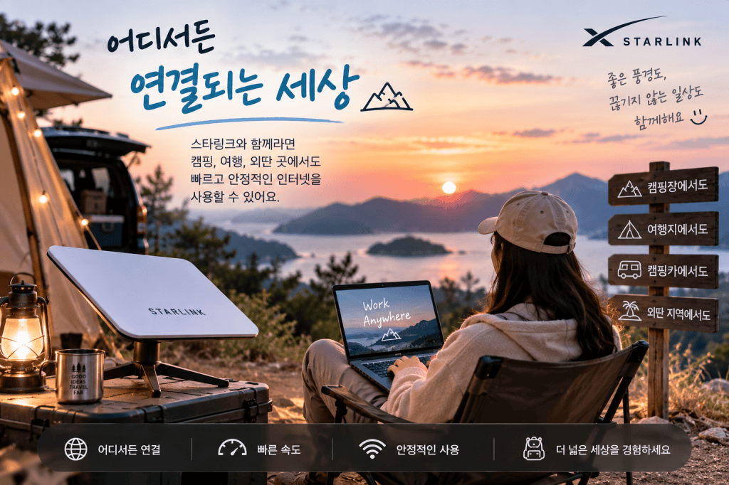 캠핑과 여행 중 외딴 지역에서 스타링크 위성 인터넷을 사용하는 모습