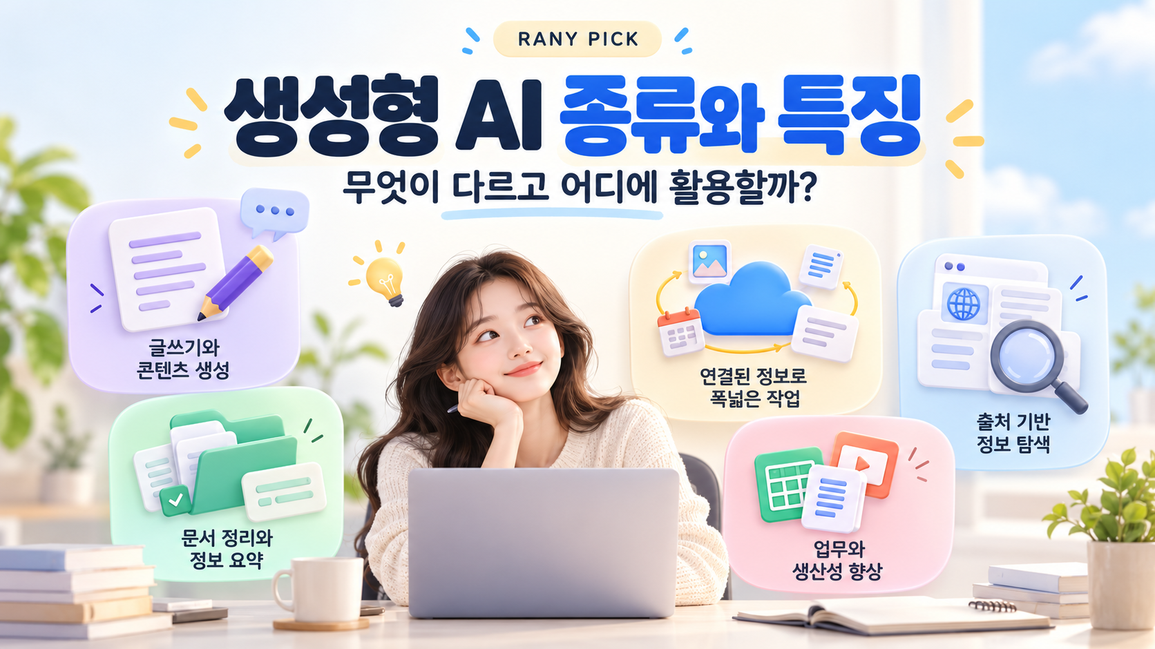 노트북을 사용하는 사람이 생성형 AI의 글쓰기 문서정리 업무 검색 기능을 살펴보는 모습